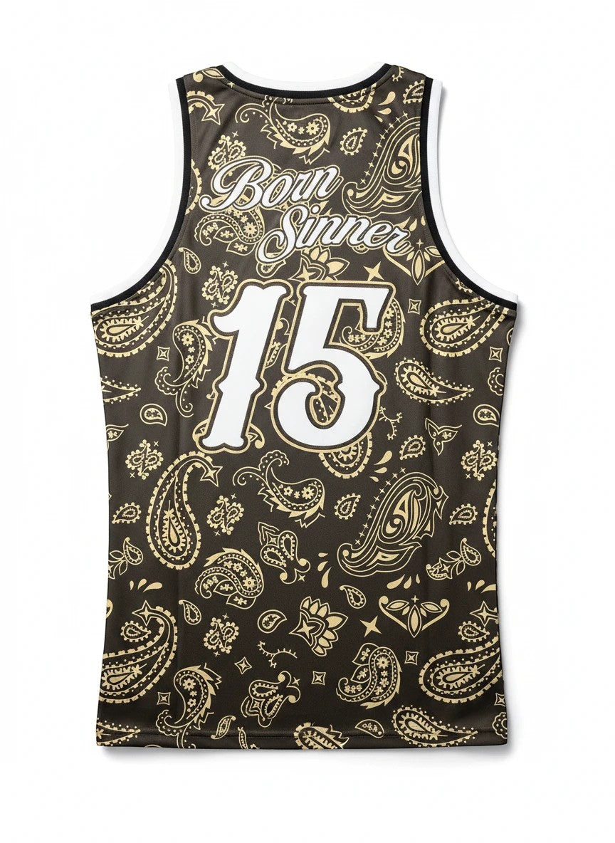 Throwback Rack brown and gold paisley print basketball jersey with "Born Sinner 15" on back.