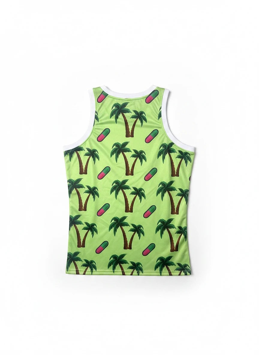 Throwback Rack lime green basketball jersey with all-over palm tree and capsule print.