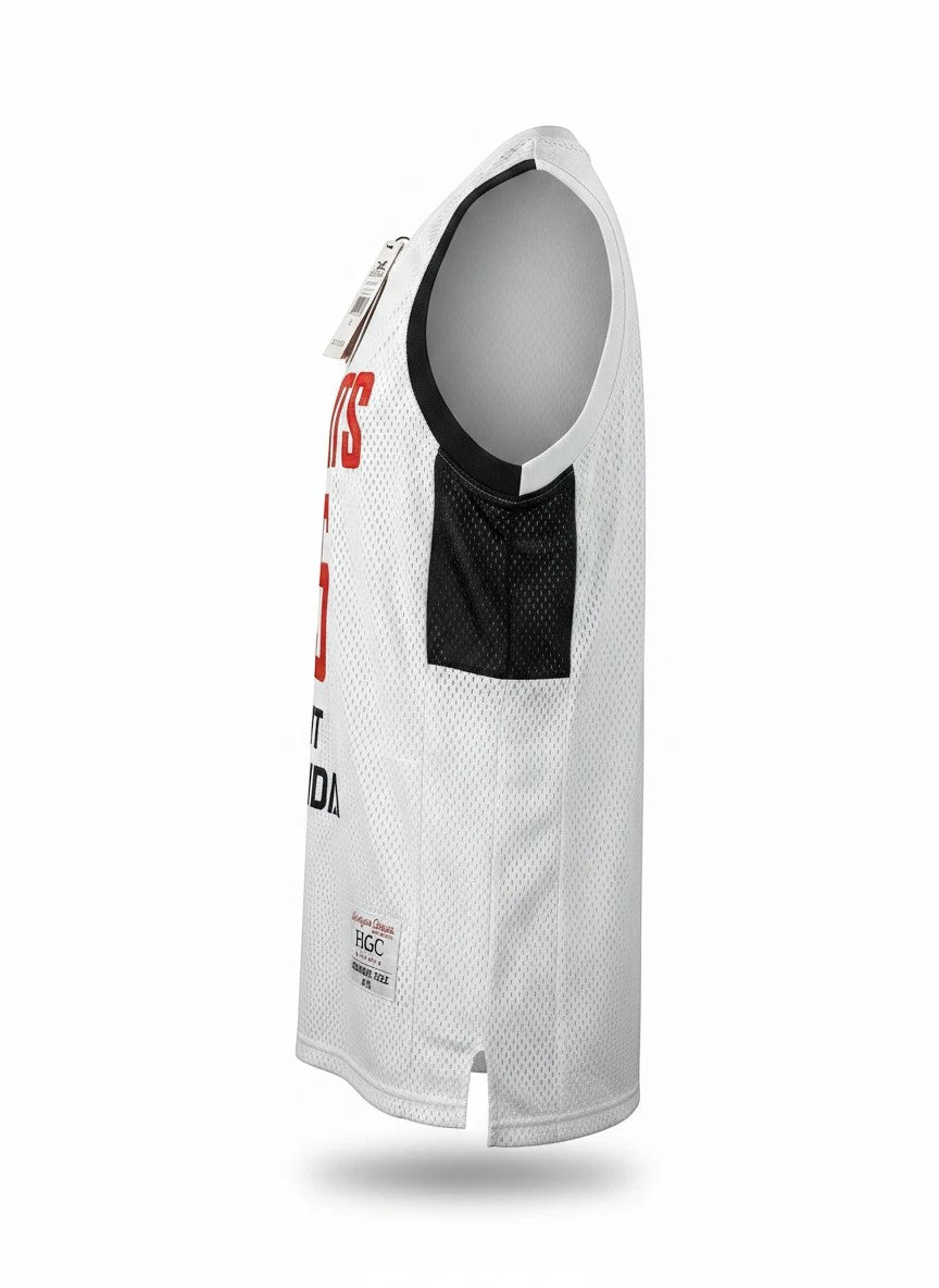 Throwback Rack white mesh basketball jersey with red "PATRIOTS" and "15", black trim, and "VISIT RWANDA" graphic.