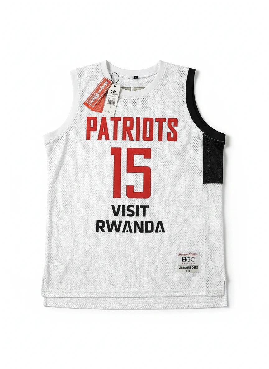 Throwback Rack white mesh basketball jersey with red "PATRIOTS" and "15" on front, "VISIT RWANDA" graphic, and black trim.