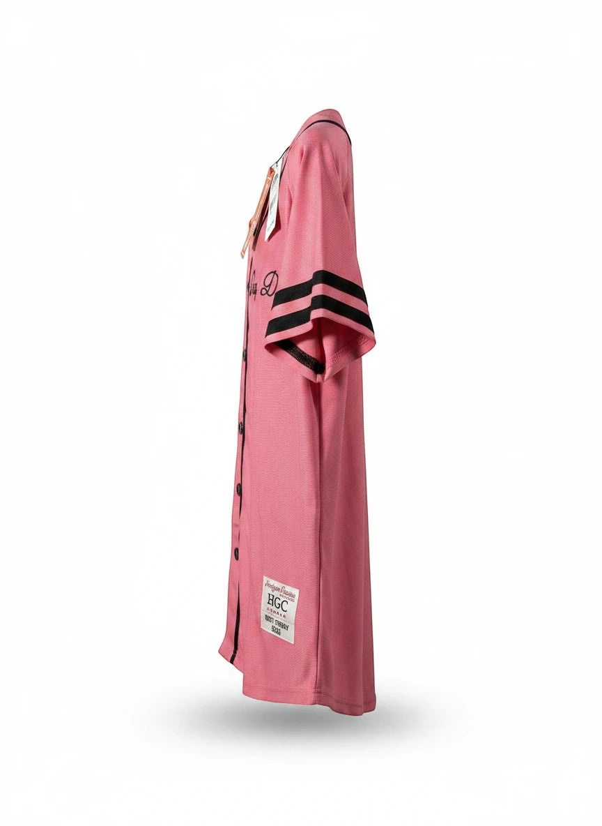 Throwback Rack pink baseball jersey with black piping and sleeve stripes,