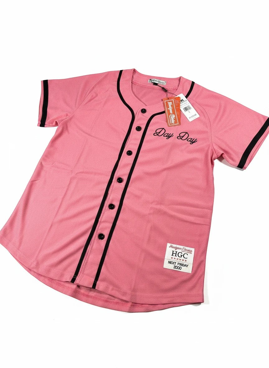 Throwback Rack pink baseball jersey with black piping and sleeve stripes, featuring "Day Day" embroidery and Pinky's Record Store logo.