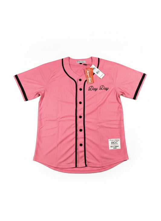 Throwback Rack pink baseball jersey with black piping and sleeve stripes, featuring "Day Day" script on front and Pinky's Record Store logo on back.