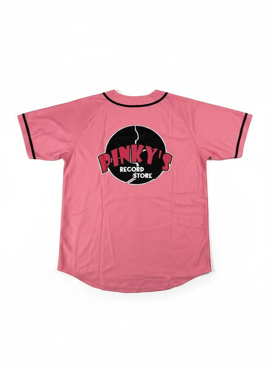Throwback Rack pink baseball jersey with black piping and Pinky's Record Store logo on back.