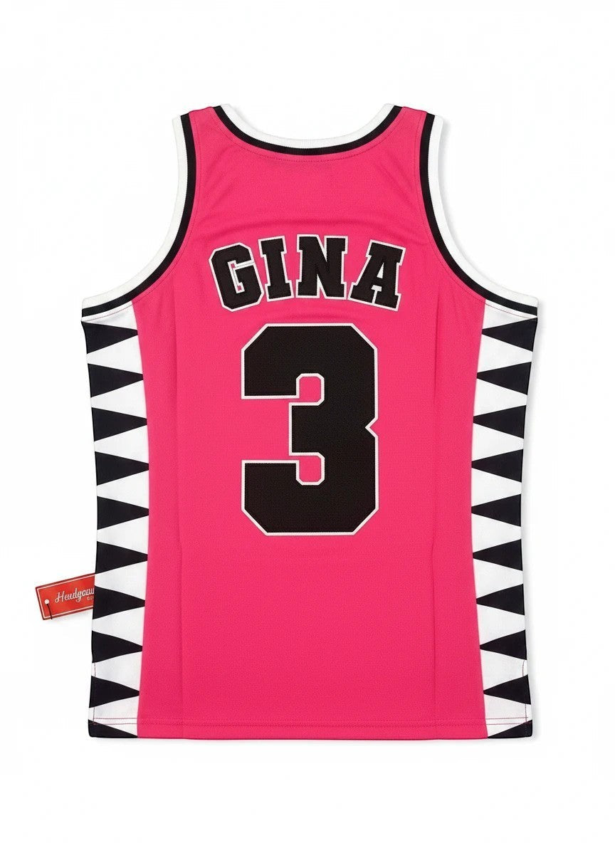 Throwback Rack pink basketball jersey with black "GINA" and "3" on back. Geometric side panels.