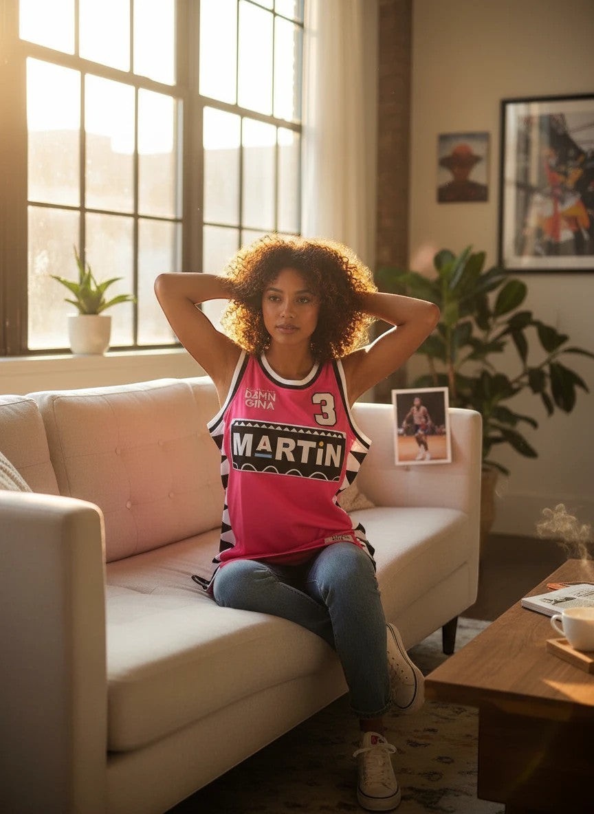 Throwback Rack pink "Damn Gina #3 Martin" basketball jersey with white trim and black accents, size XS.