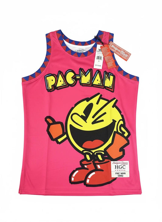 Throwback Rack pink Pac-Man graphic basketball jersey tank top with blue and red trim. Features iconic Pac-Man character and logo.