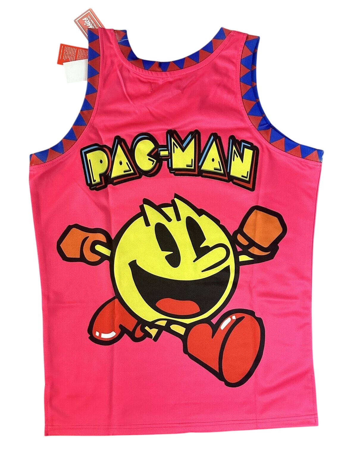 Throwback Rack pink Pac-Man graphic basketball jersey tank top with blue and red trim.