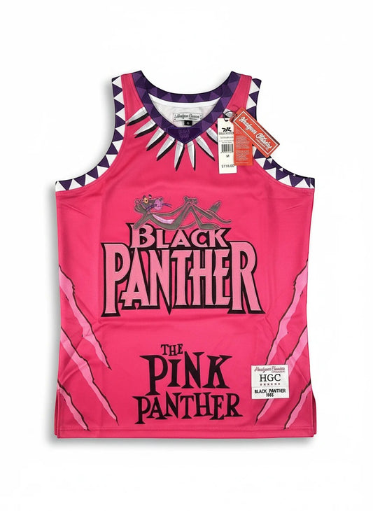 Throwback Rack Pink Panther Black Panther basketball jersey with zigzag trim and claw marks. Breathable polyester.