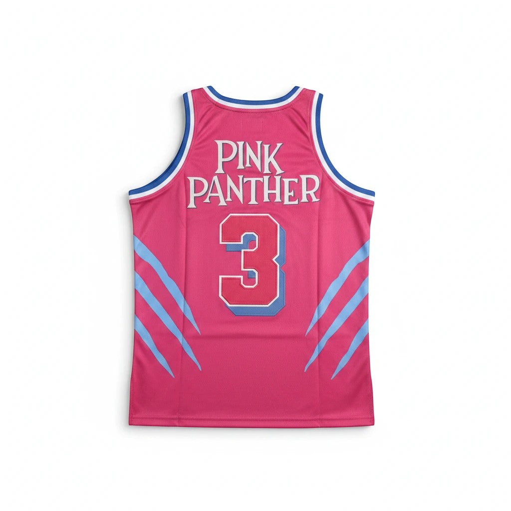 Throwback Rack Pink Panther basketball jersey in pink mesh with number 3 and blue claw mark graphics on the back.