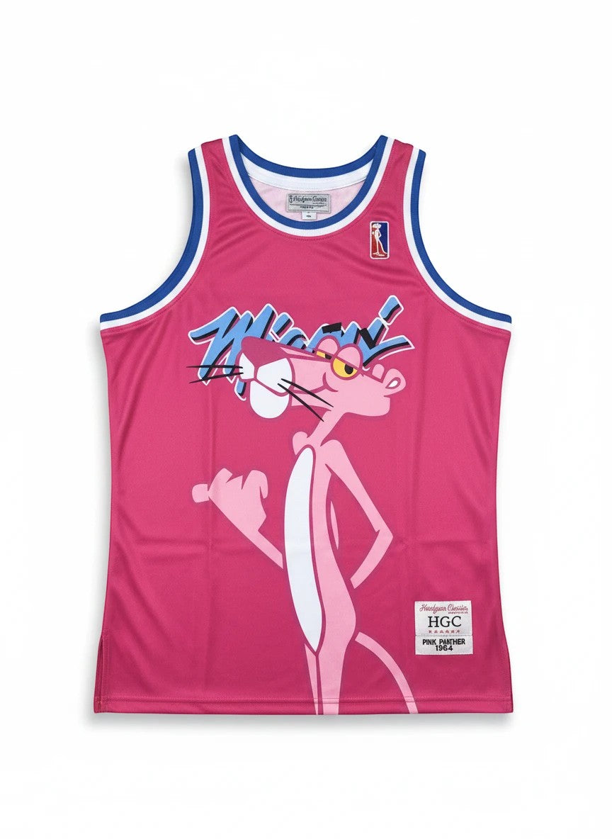 Throwback Rack Pink Panther Miami Heat basketball jersey in pink mesh with blue and white trim and front graphic.