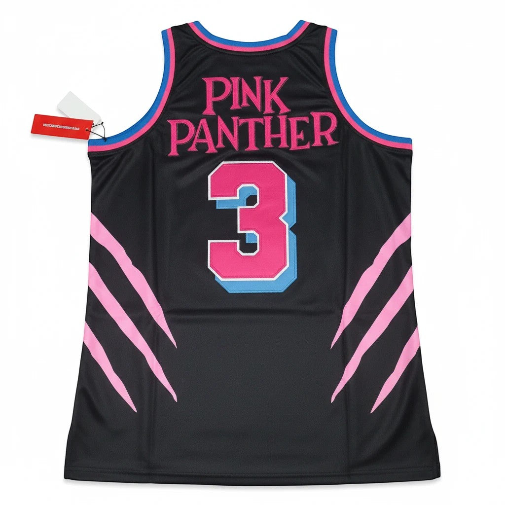 Throwback Rack Pink Panther Miami basketball jersey in black with pink and blue accents and number 3 on the back