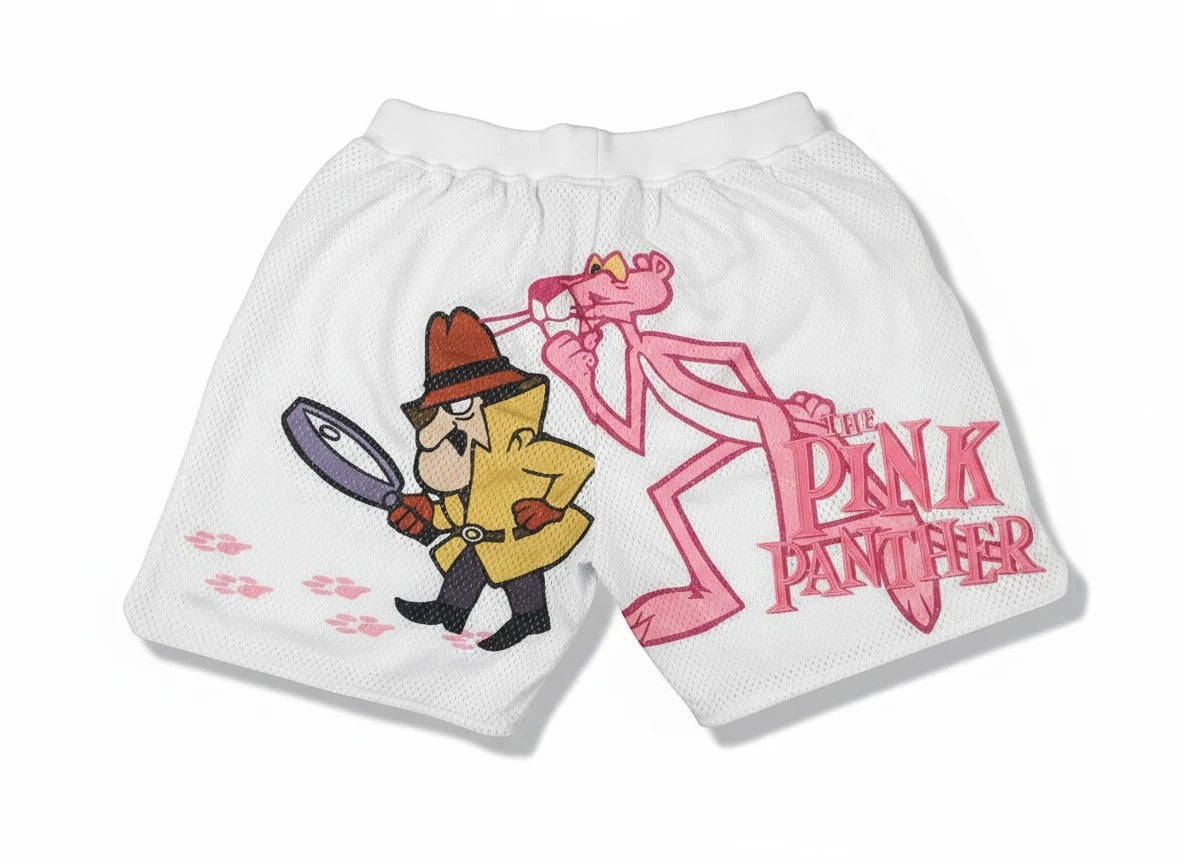 Throwback Rack white mesh basketball shorts featuring embroidered Pink Panther and Inspector Clouseau graphics.