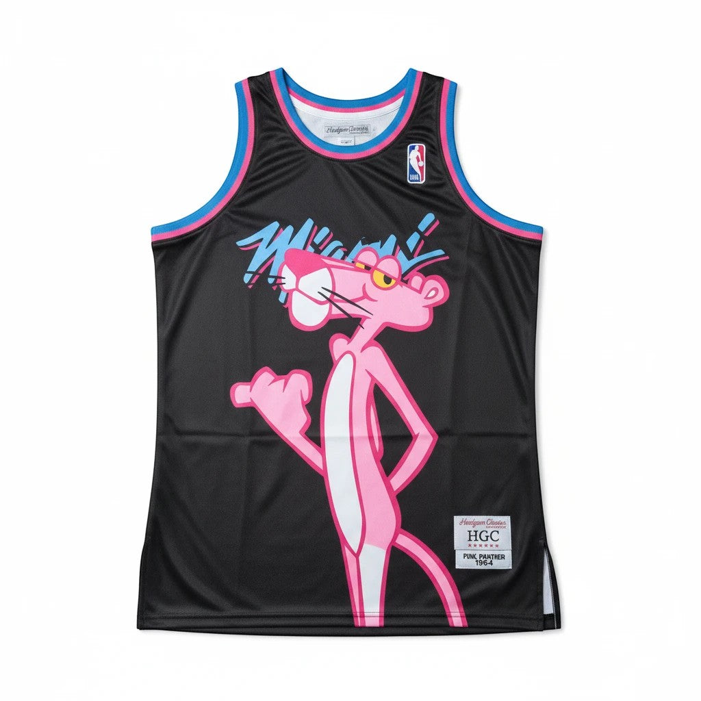 Throwback Rack Pink Panther Miami basketball jersey in black polyester mesh with pink and blue accents.