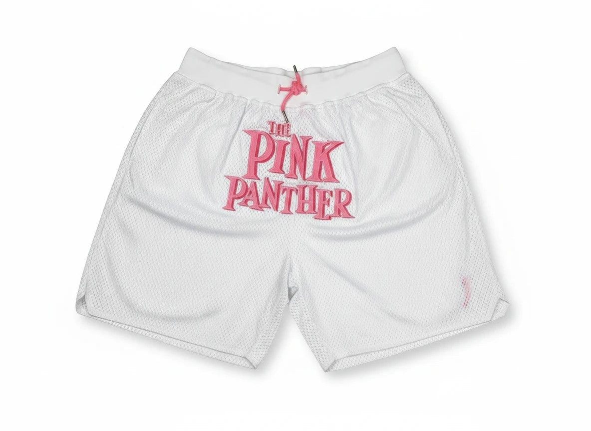 Throwback Rack white mesh basketball shorts featuring The Pink Panther embroidered logo and pink drawstring waist.
