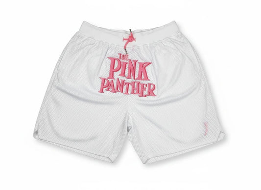 Throwback Rack white mesh basketball shorts featuring The Pink Panther embroidered logo and pink drawstring waist.