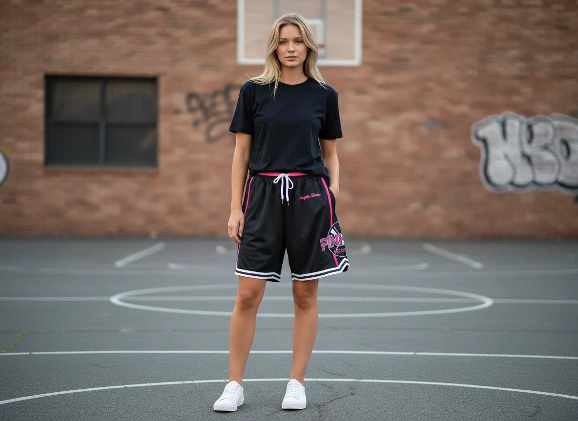 Throwback Rack black mesh basketball shorts with pink trim and logo, white drawstring, and white side stripes.