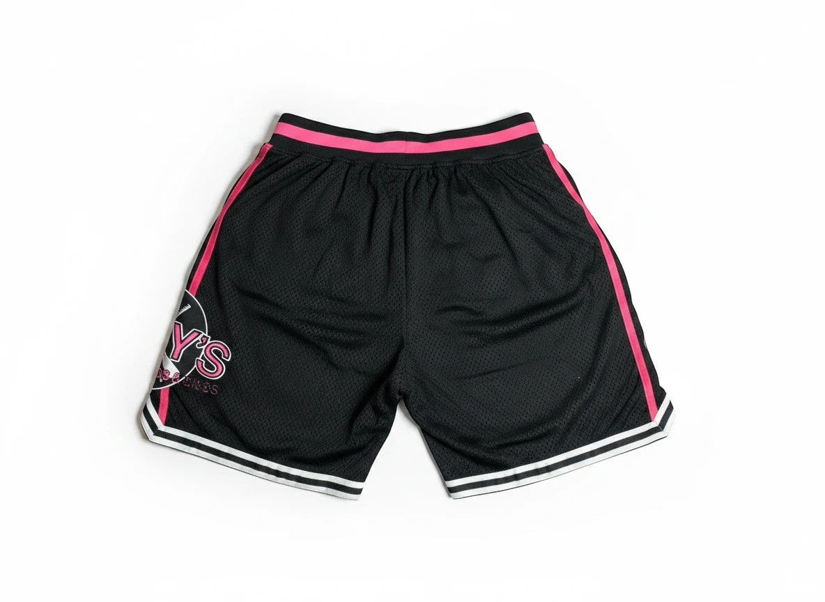 Throwback Rack black mesh basketball shorts with pink trim and Pinky's Records logo on left leg.