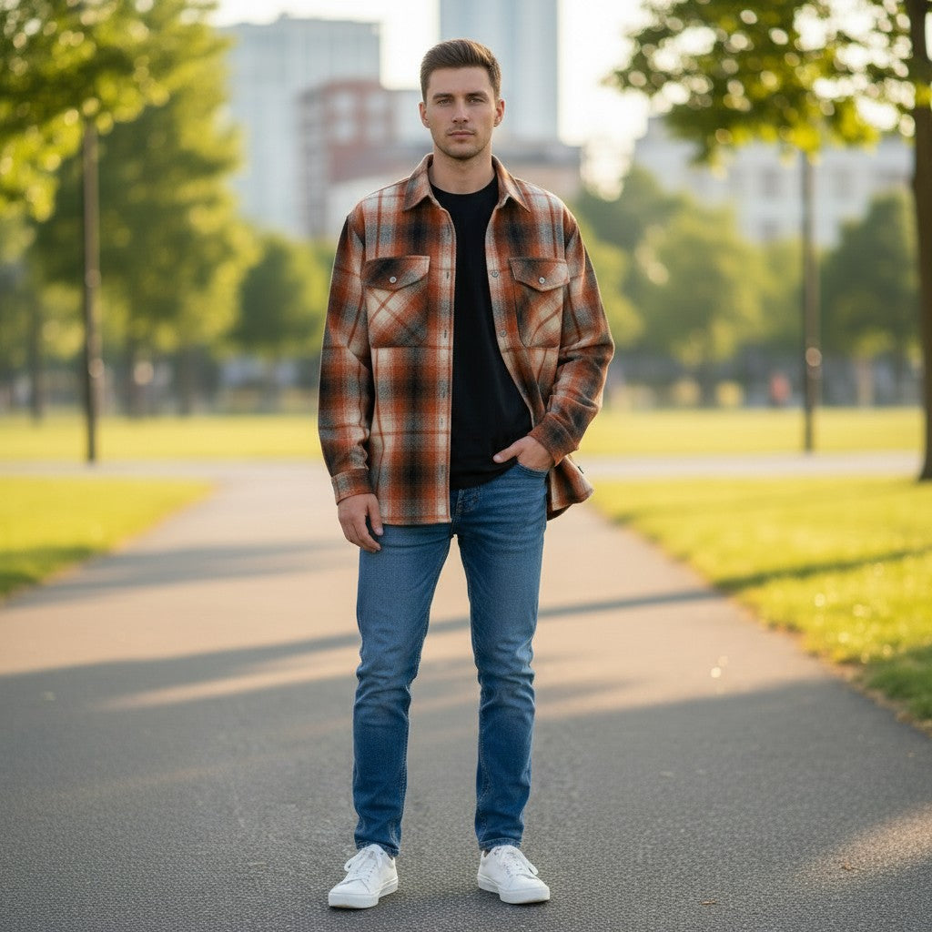 Throwback Rack women's orange, black, and cream plaid wool Portola jacket with button-up front and chest pockets.
