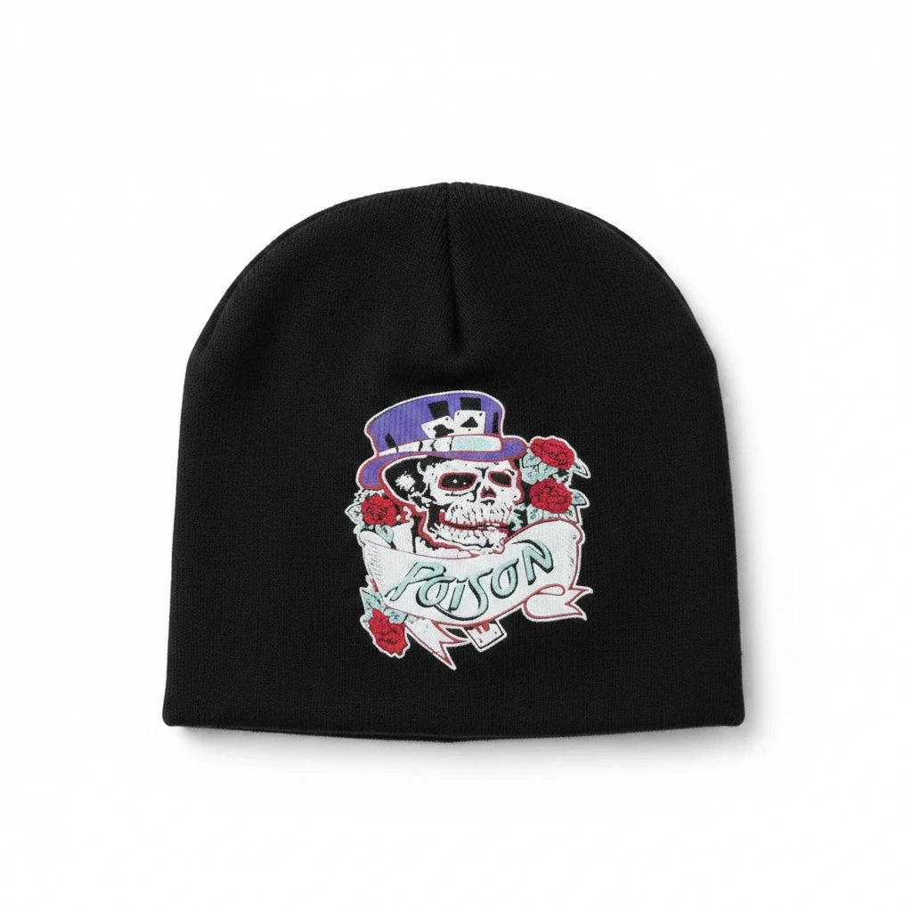 Throwback Rack black knit beanie featuring a Poison band skull in a top hat graphic with red roses