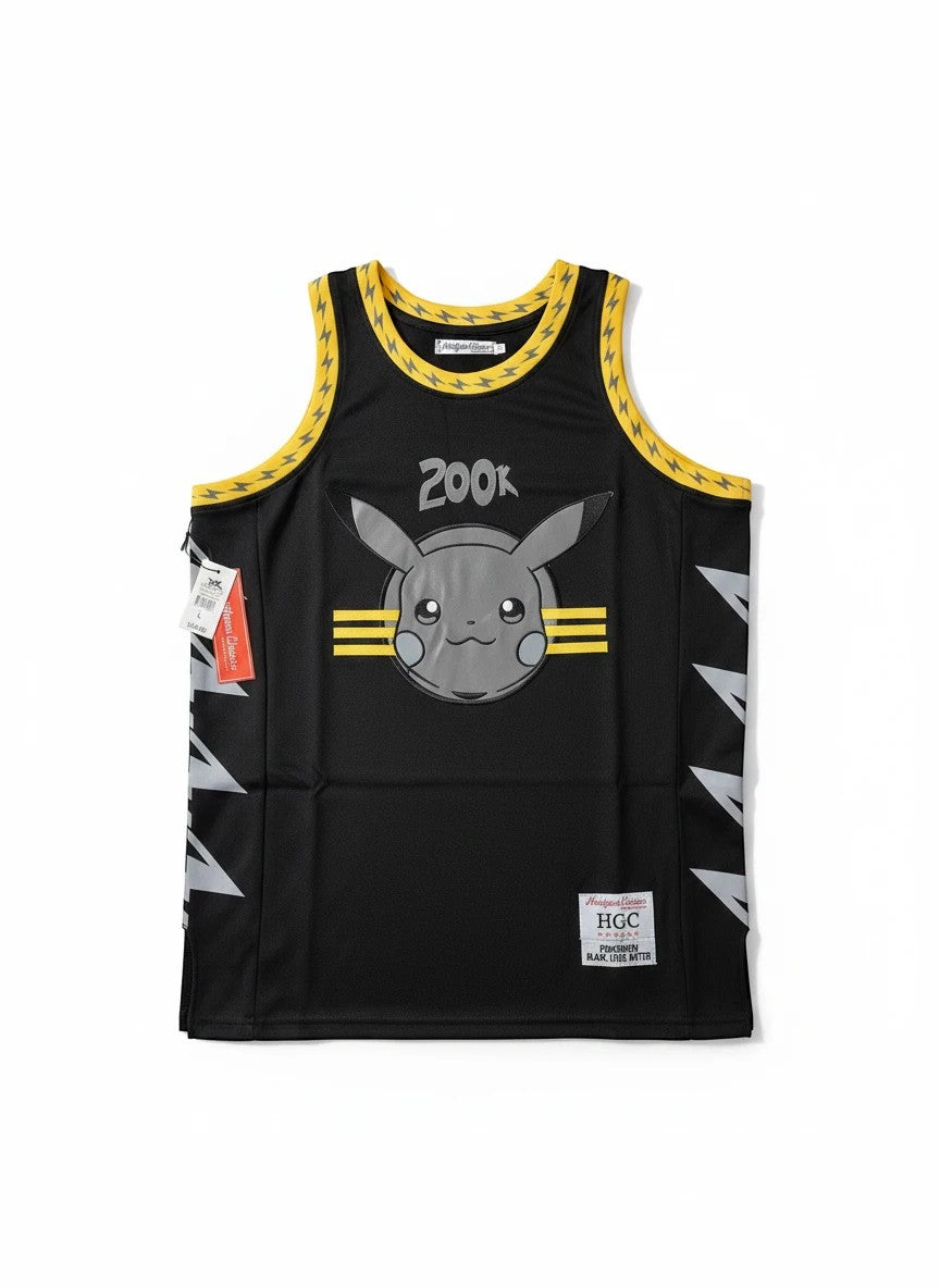 Throwback Rack black mesh basketball jersey with Pikachu graphic, "200k" text, and yellow lightning trim.