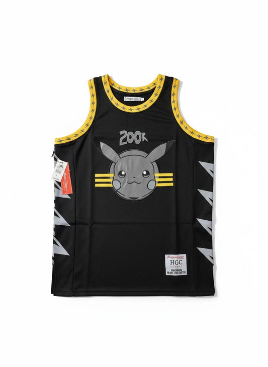 Throwback Rack black mesh basketball jersey with Pikachu graphic, "200k" text, and yellow lightning trim.