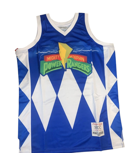 Throwback Rack blue and white Mighty Morphin Power Rangers basketball jersey with iconic diamond pattern and logo