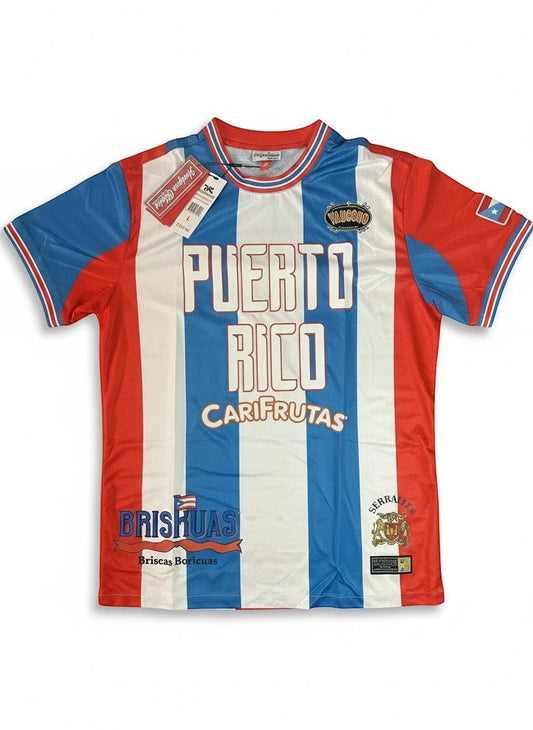Throwback Rack Puerto Rico 1990 Carifrutas soccer jersey with red, white, and blue vertical stripes and prominent chest graphics.