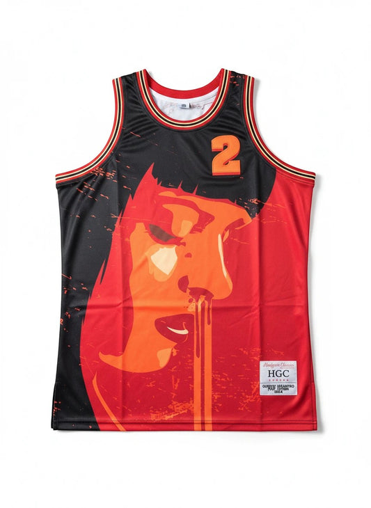 Throwback Rack Pulp Fiction Mia Wallace basketball jersey in black and red with number 2 and embroidered HGC patch