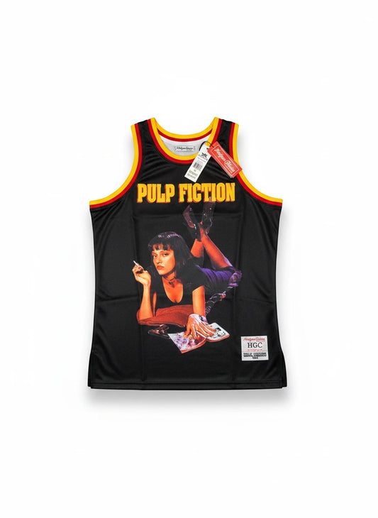 Throwback Rack black basketball jersey featuring Mia Wallace from Pulp Fiction, with "Pulp Fiction" text and "WALLACE 94" on back.