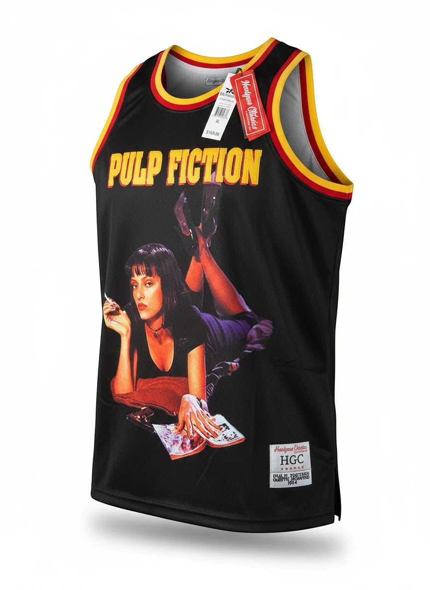 Throwback Rack black basketball jersey with Pulp Fiction Mia Wallace graphic and yellow/red trim. Features "PULP FICTION" text.