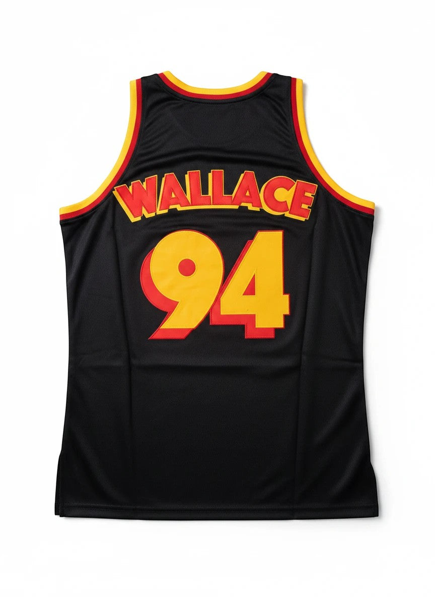 Throwback Rack black basketball jersey with "WALLACE 94" in red and yellow lettering, inspired by Pulp Fiction.