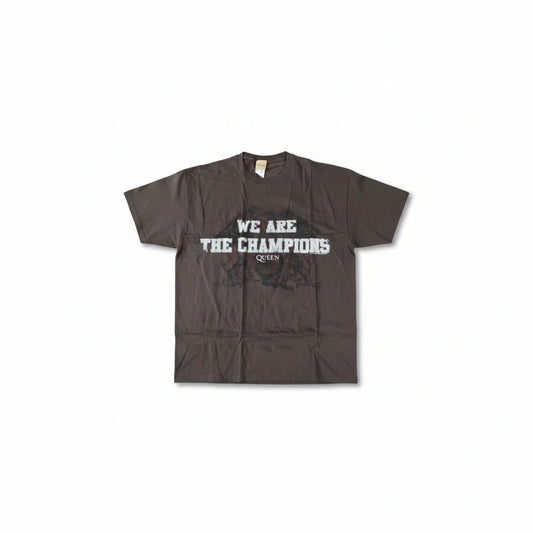 Throwback Rack charcoal-brown cotton t-shirt featuring a distressed 2007 Queen We Are The Champions graphic print.