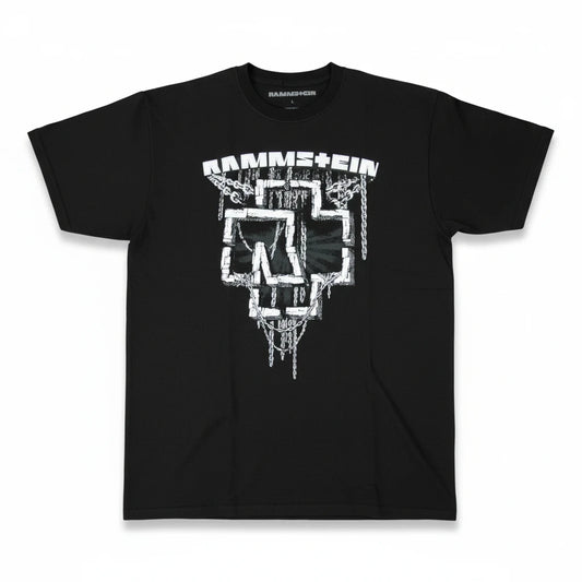 Throwback Rack black Rammstein crewneck t-shirt featuring a white metallic chain logo graphic print on the front.