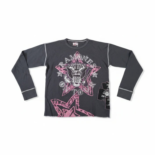 Throwback Rack charcoal grey Ramones thermal long-sleeve shirt with pink star graphics and distressed side patches.