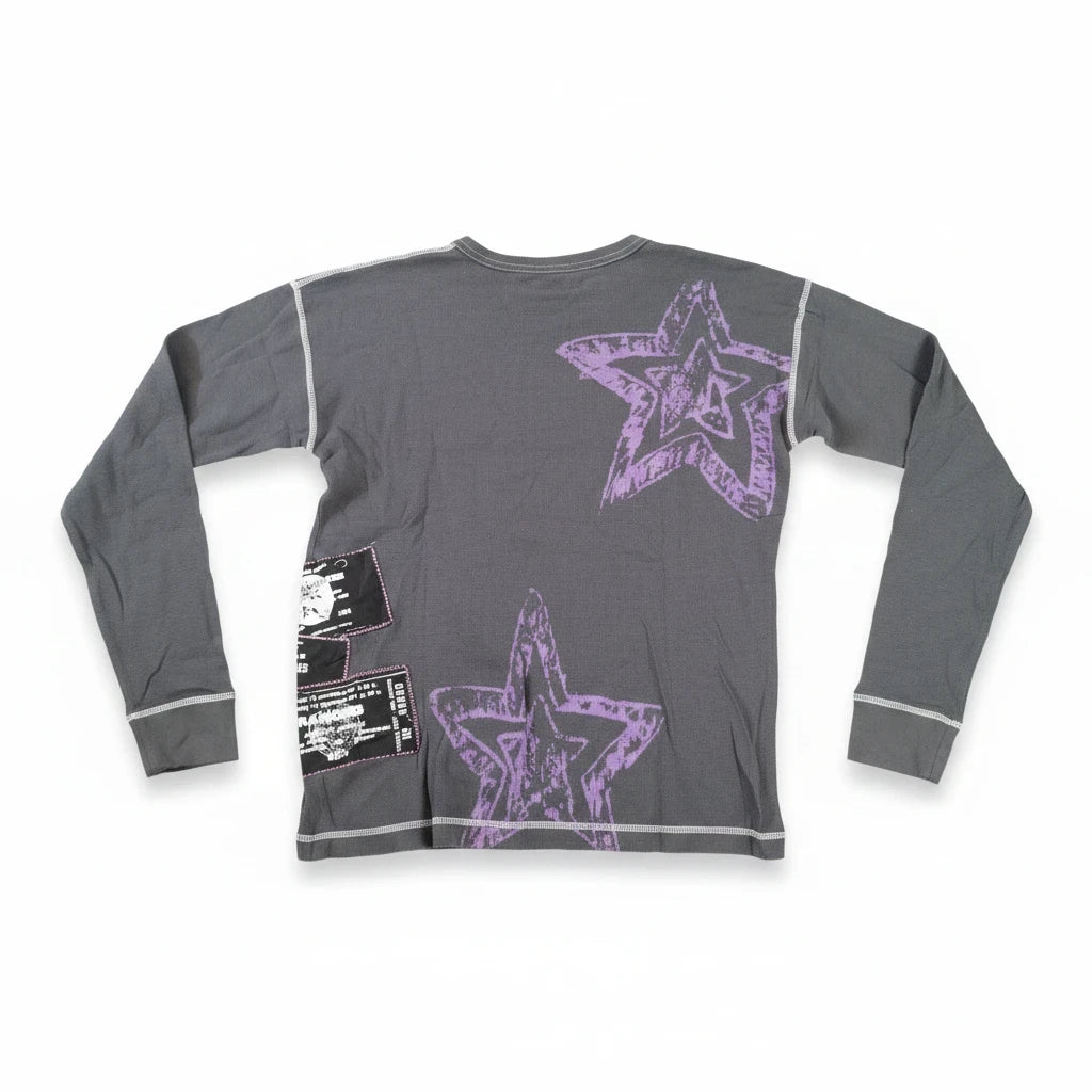 Throwback Rack charcoal grey thermal long-sleeve shirt with pink star graphics and distressed patch details.