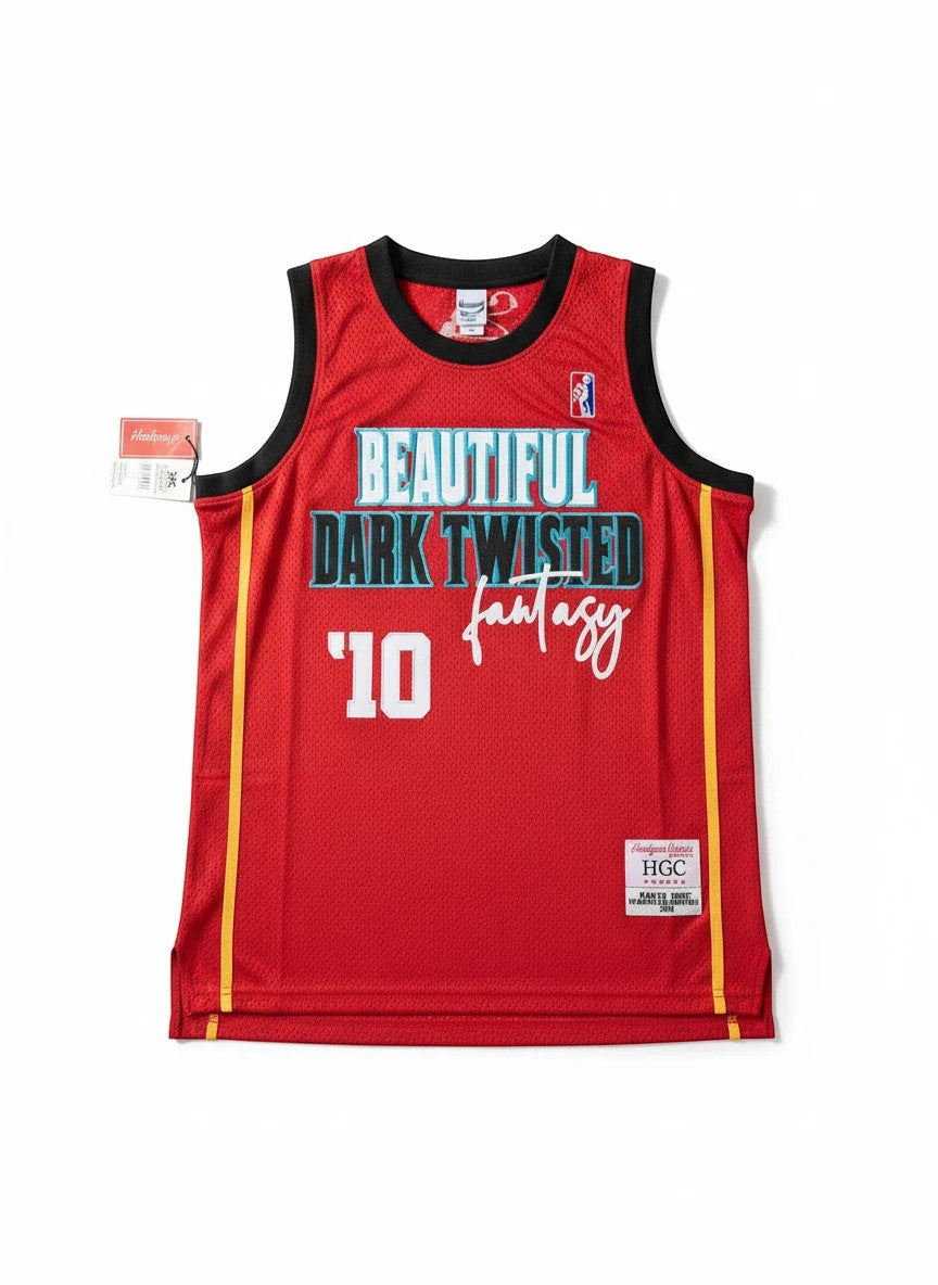 Throwback Rack red basketball jersey featuring Beautiful Dark Twisted Fantasy album graphics and tackle twill details.