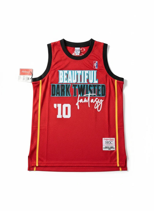 Throwback Rack red basketball jersey featuring Beautiful Dark Twisted Fantasy album graphics and tackle twill details.