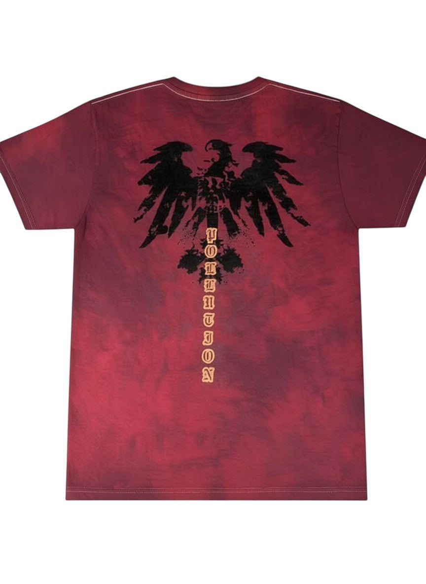 Throwback Rack red tie-dye t-shirt with black eagle graphic and vertical 'Pollution' text.