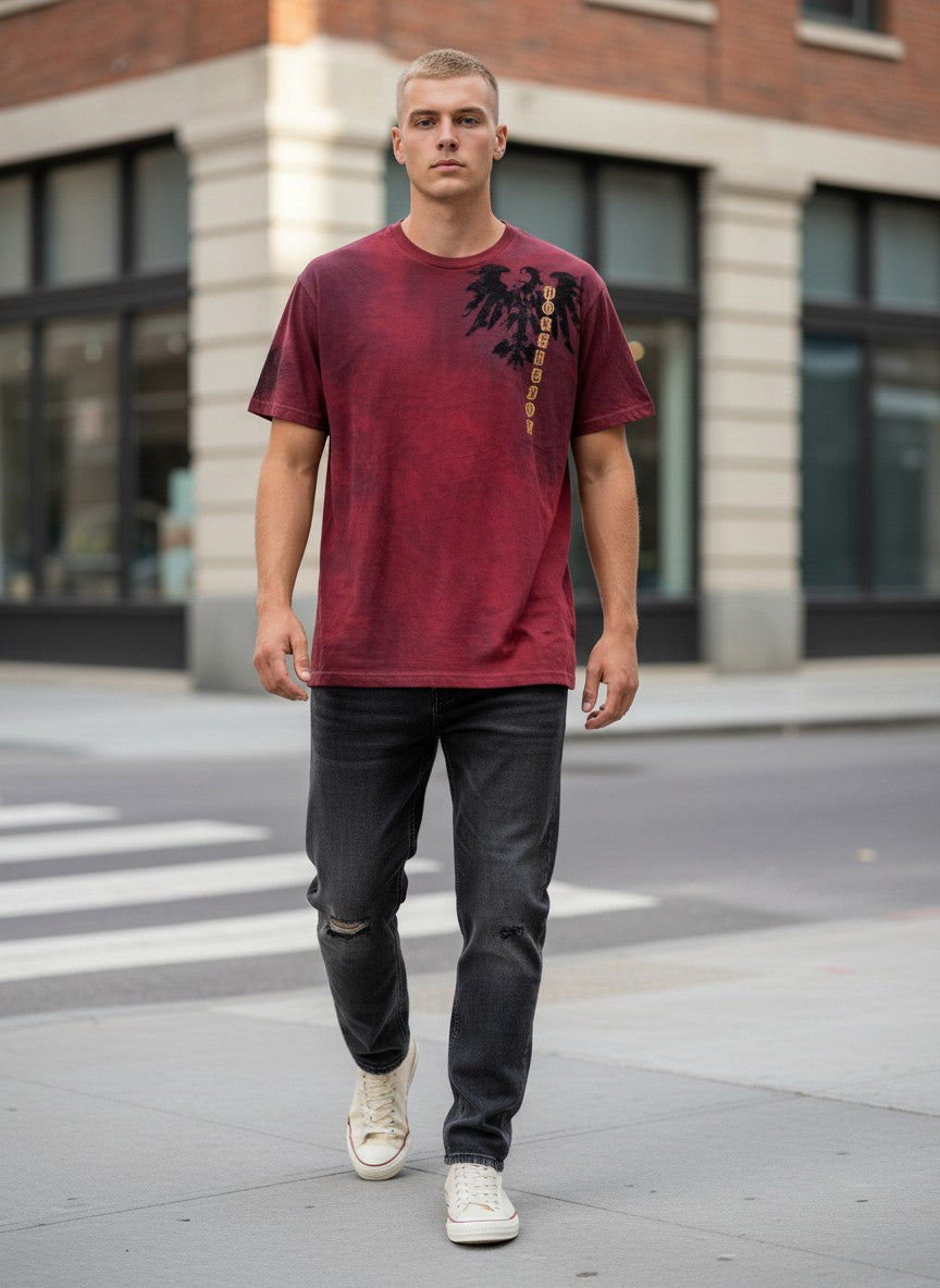 Throwback Rack red tie-dye short sleeve t-shirt with black eagle graphic and vertical "POLLUTION" text.