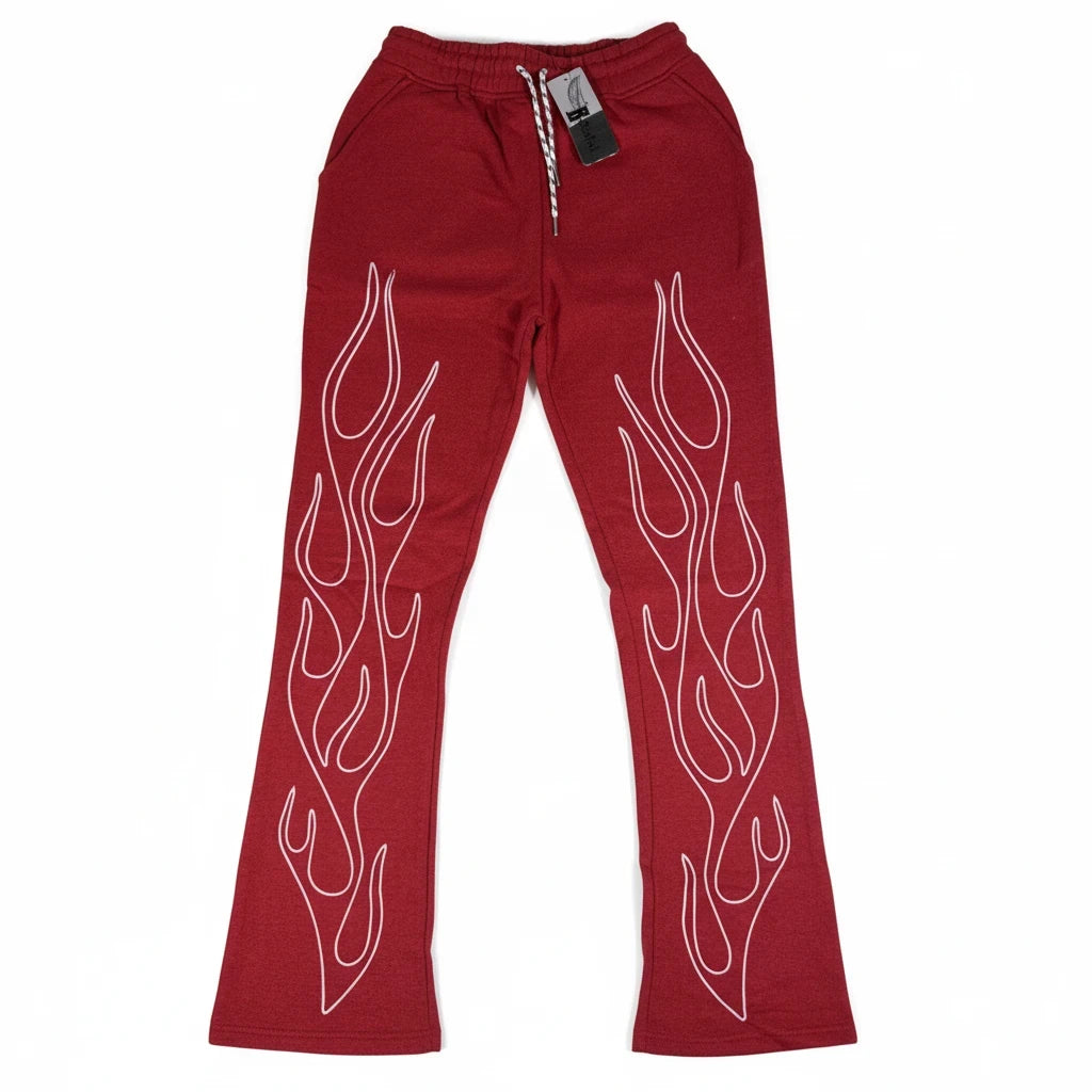 Throwback Rack red wide-leg cotton sweatpants featuring white embroidered flame patterns and a drawstring waist.