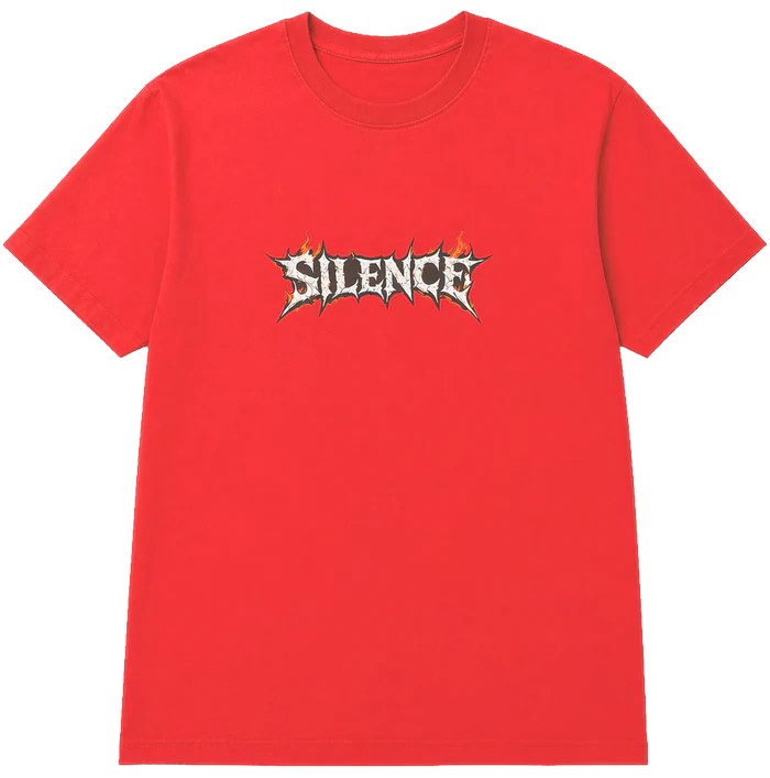Throwback Rack red cotton graphic t-shirt with 'SILENCE' logo and flame accents on chest.