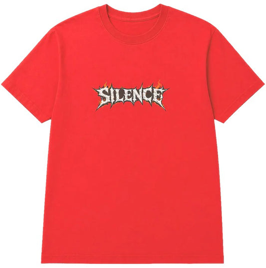 Throwback Rack red cotton graphic t-shirt with 'SILENCE' logo and flame accents on chest.