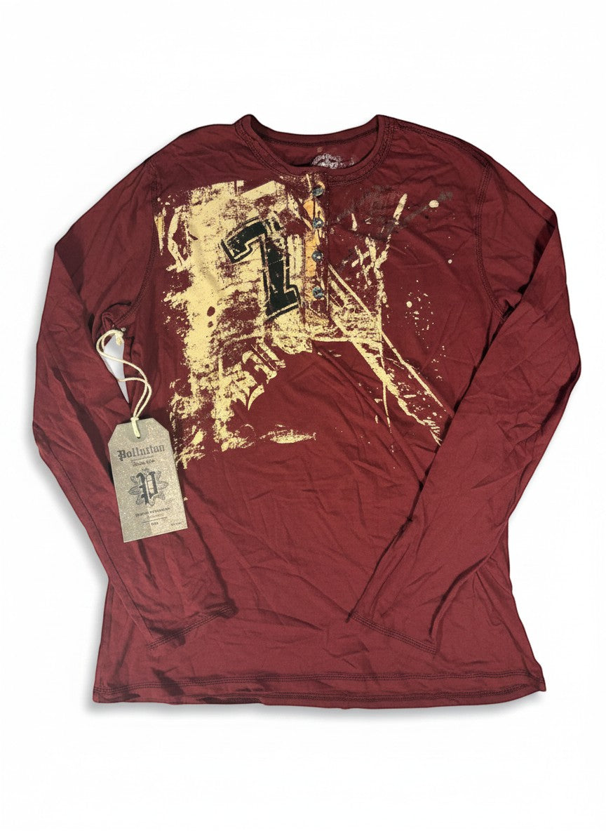 Throwback Rack red long sleeve shirt with quarter button up, distressed graphic print and number 7.
