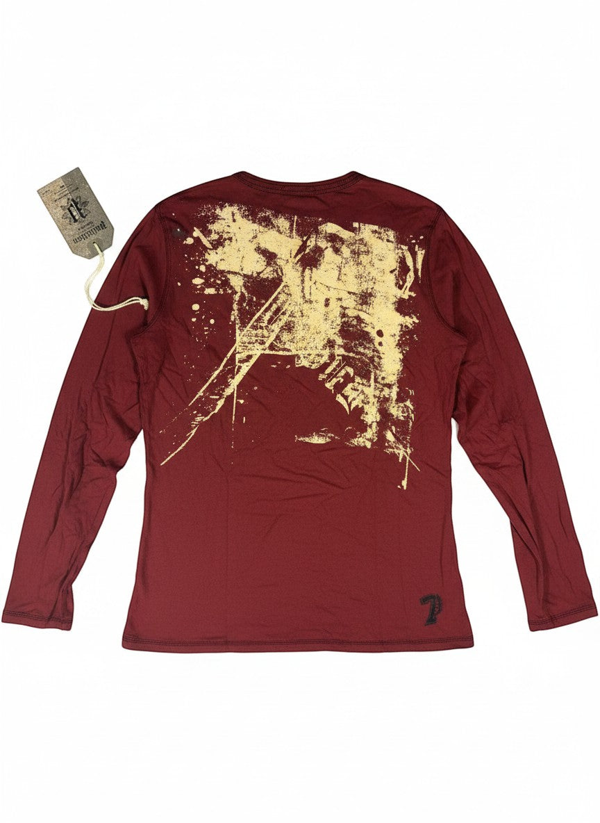 Throwback Rack red long sleeve shirt with distressed graphic print on back and quarter button up detail.