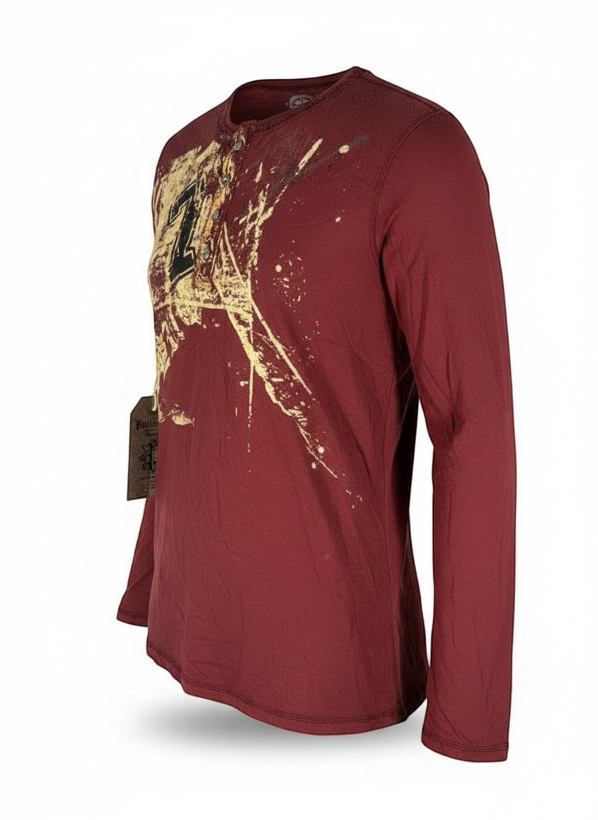 Throwback Rack red long sleeve shirt with quarter button up, distressed graphic print and textured fabric.