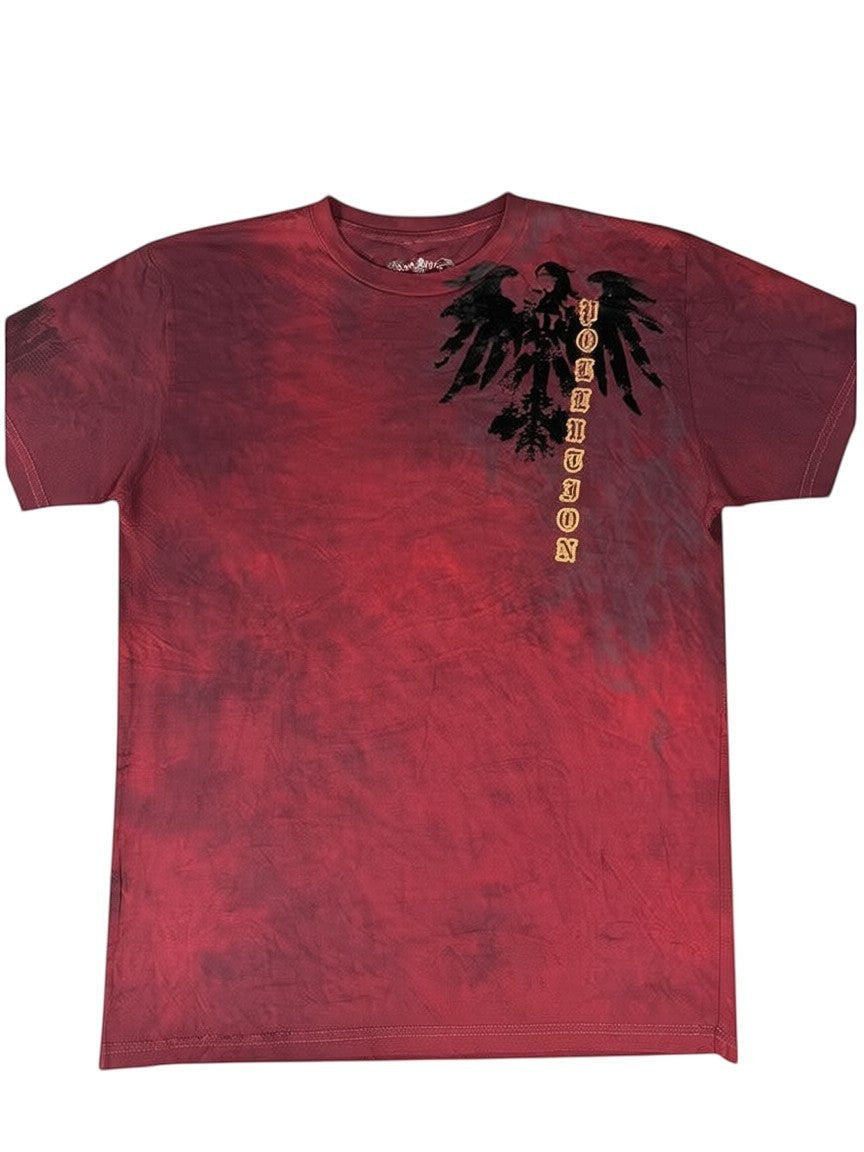 Throwback Rack red tie-dye t-shirt with black velvet eagle graphic and vertical "POLLUTION" text.