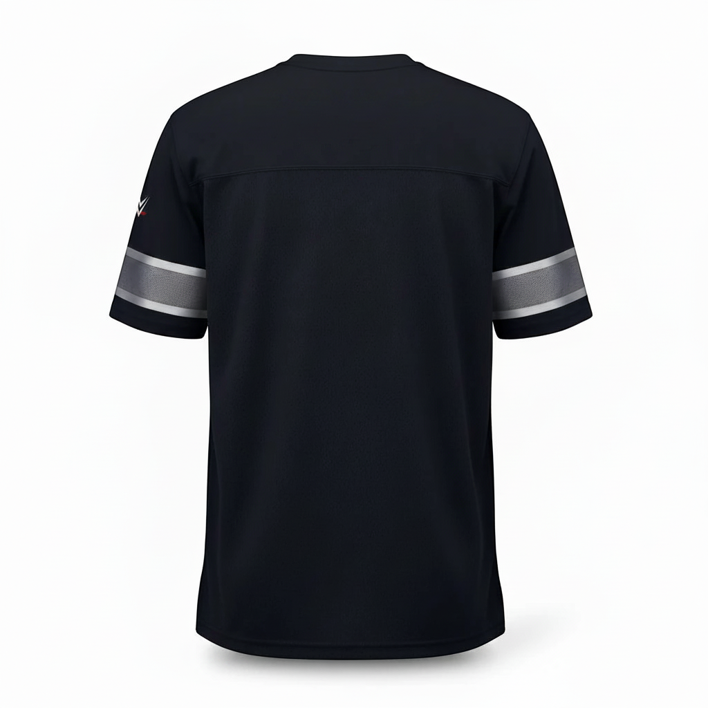 Back view of a Throwback Rack black mesh football jersey with silver sleeve stripes and a small logo on the arm.