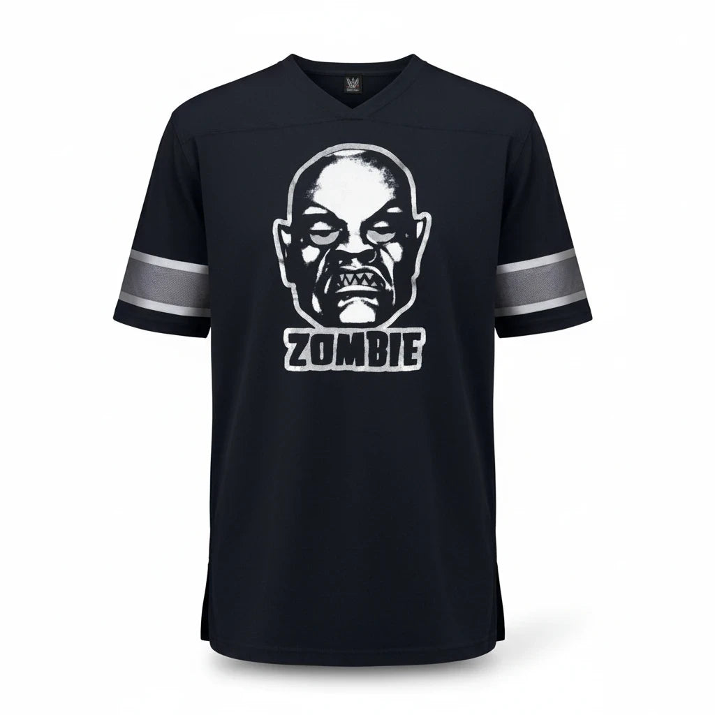 Throwback Rack black Rob Zombie 1999 graphic mesh football jersey with silver robot head print and V-neck collar
