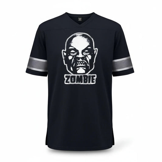 Throwback Rack black Rob Zombie 1999 graphic mesh football jersey with silver robot head print and V-neck collar
